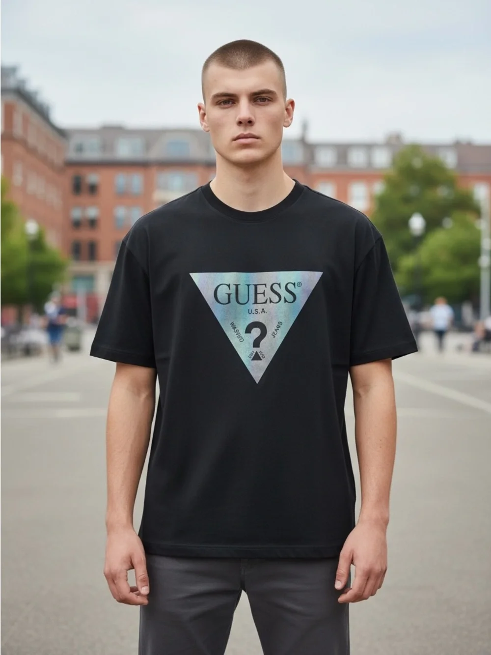 GUESS Black Short-Sleeve Tee with Holographic Triangle Logo - Picture 1 of 4